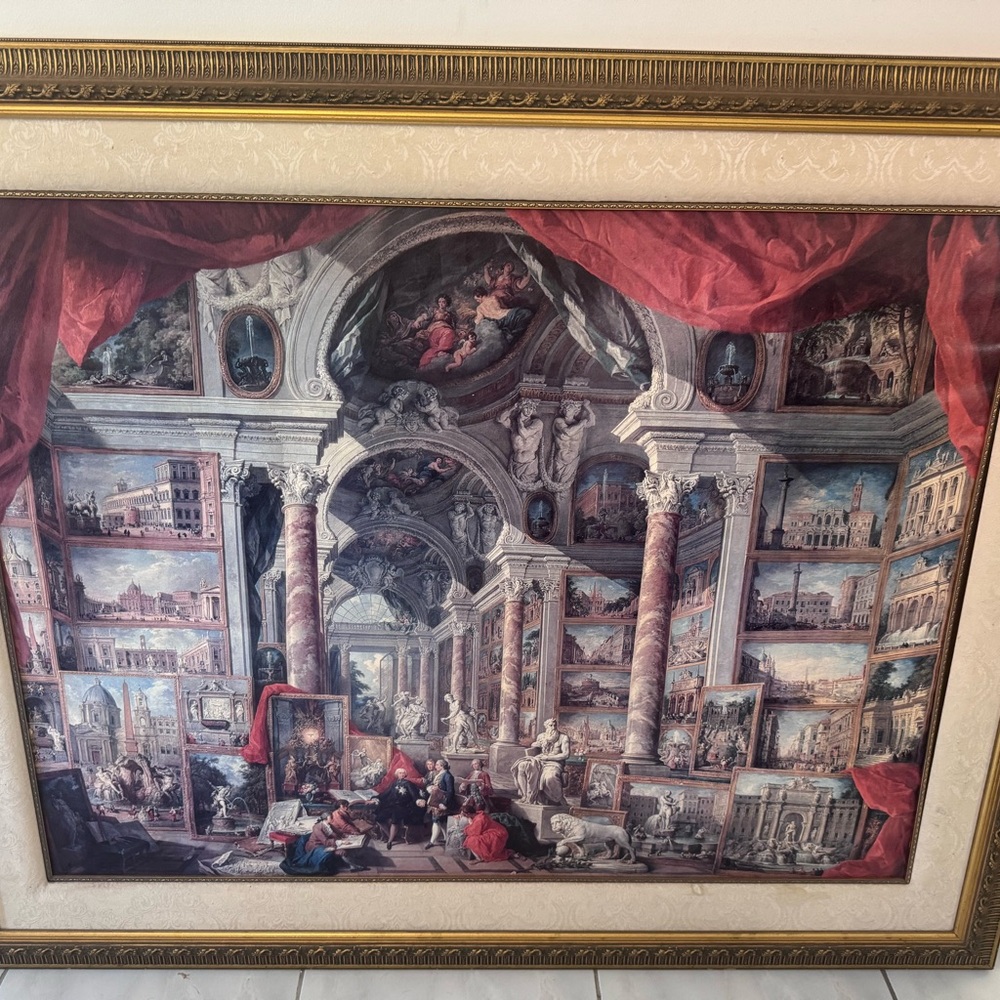 Framed Architectural Art Print with Red Accents